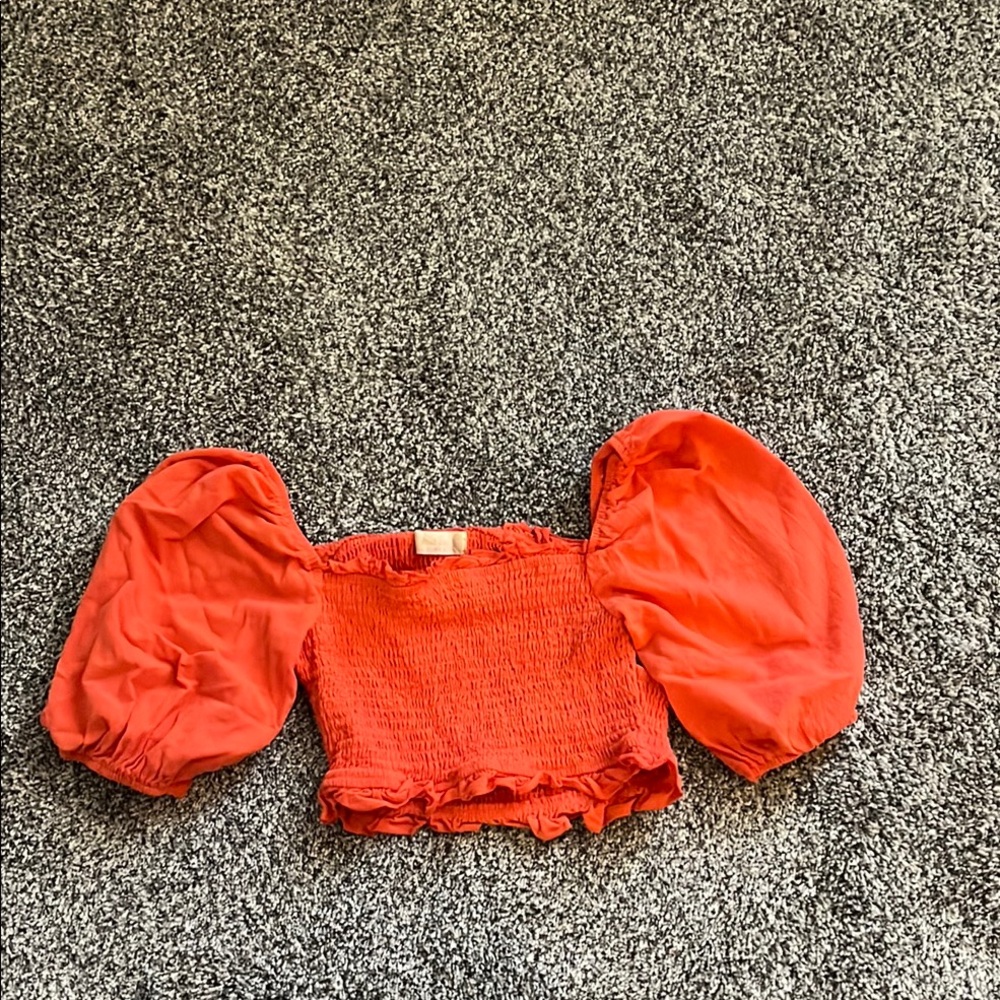 Alter’d State Orange Puff Sleeve Smocked Top Open Back Medium